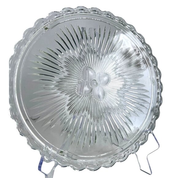 EAPG Indiana Clear Glass Serving Cake Plate Sunburst Design Scalloped Atomic Age - Picture 2 of 8